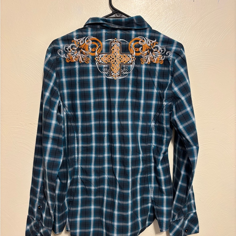 Grace in LA Embroidered Western Plaid Shirt Teal Orange Snap Button Large - Picture 8 of 9
